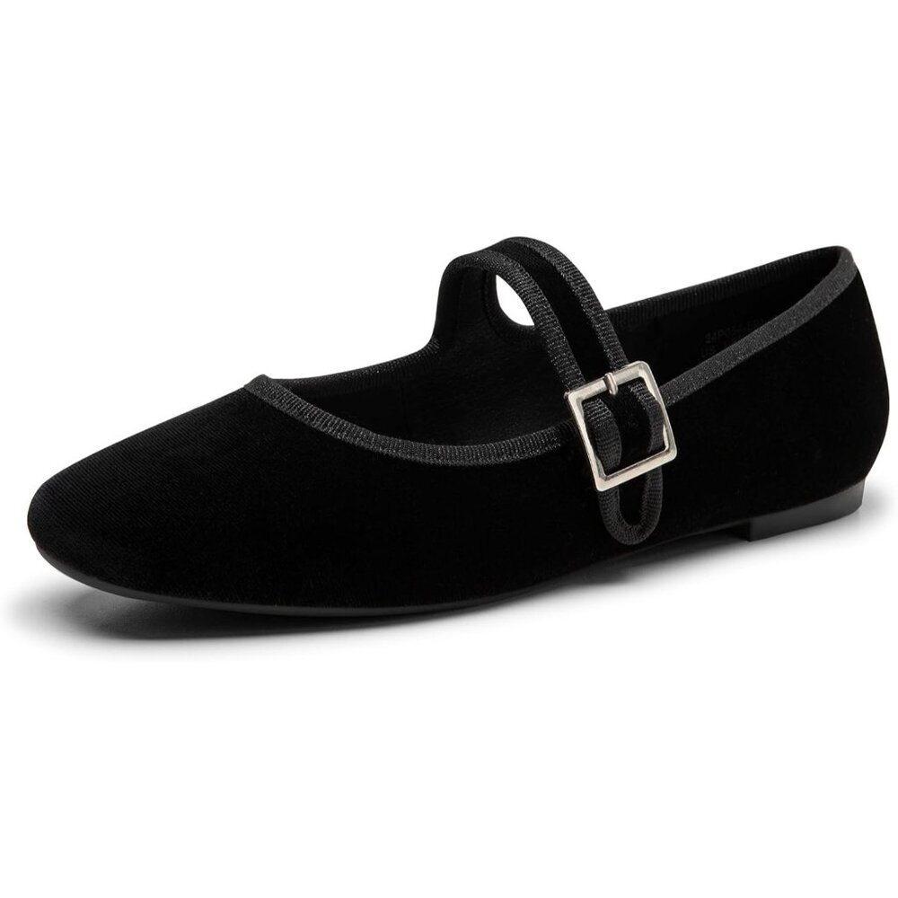 Trary Women's Black Velvet Square Toe Buckle Strap Ballet Mary Jane Shoes